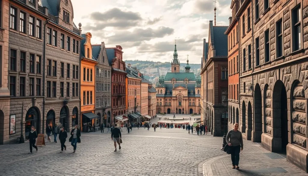 Sundsvall Stone City, a captivating architectural wonder nestled in the heart of Sweden. Majestic granite buildings stand tall, their intricate facades gleaming under the warm, golden sunlight. Cobblestone streets wind through the city, inviting exploration. In the foreground, people stroll leisurely, admiring the stunning stone structures that line the historic district. The middle ground reveals a grand town square, surrounded by quaint cafes and boutiques. In the distance, the skyline is punctuated by the graceful spires of historic churches, creating a picturesque and timeless scene. Capture the essence of Sundsvall's captivating Stone City through a cinematic lens, utilizing a wide-angle perspective to showcase the grandeur and scale of this enchanting Swedish destination.