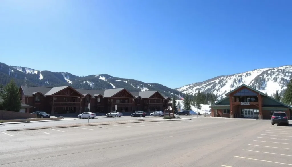 Sunlight Mountain base area with parking lot and lodge facilities