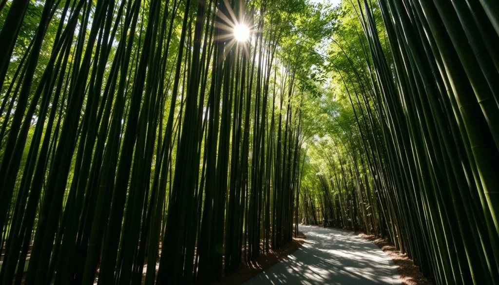 Sunlight filtering through the dense bamboo grove at Hokokuji Temple in Kamakura Sunlight filtering through the dense bamboo grove at Hokokuji Temple in Kamakura