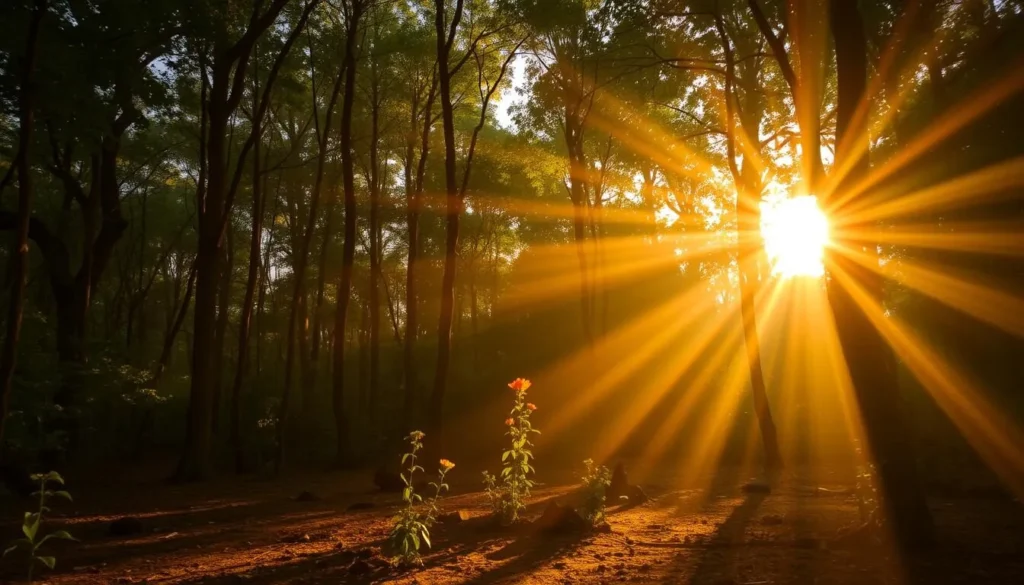 Sunlight filtering through the forest canopy of Baroiyadhala National Park during dry season