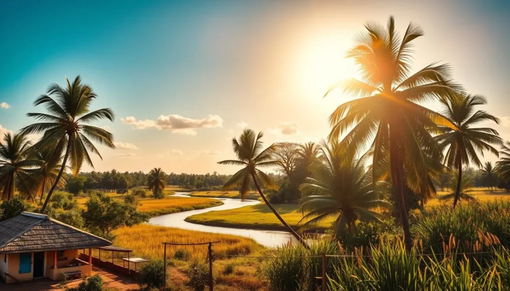 Sunlit savannah, lush palm trees sway in the gentle breeze. A cloudless azure sky, the warm golden glow of an afternoon sun. In the foreground, a picturesque rural landscape with traditional Surinamese architecture, thatched roofs and colorful facades. The middle ground features a winding river, its calm waters reflecting the tranquil scene. Tall grasses and vibrant tropical foliage fill the background, creating a serene and inviting atmosphere. Crisp, high-resolution photographic quality, realistic and detailed.