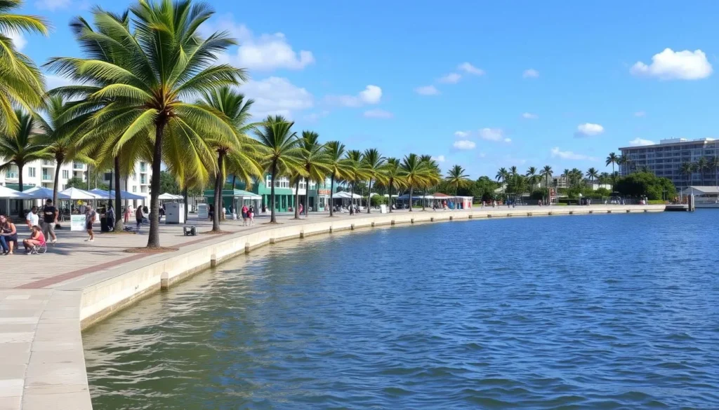 Sunny West Palm Beach waterfront with palm trees during winter season Sunny West Palm Beach waterfront with palm trees during winter season