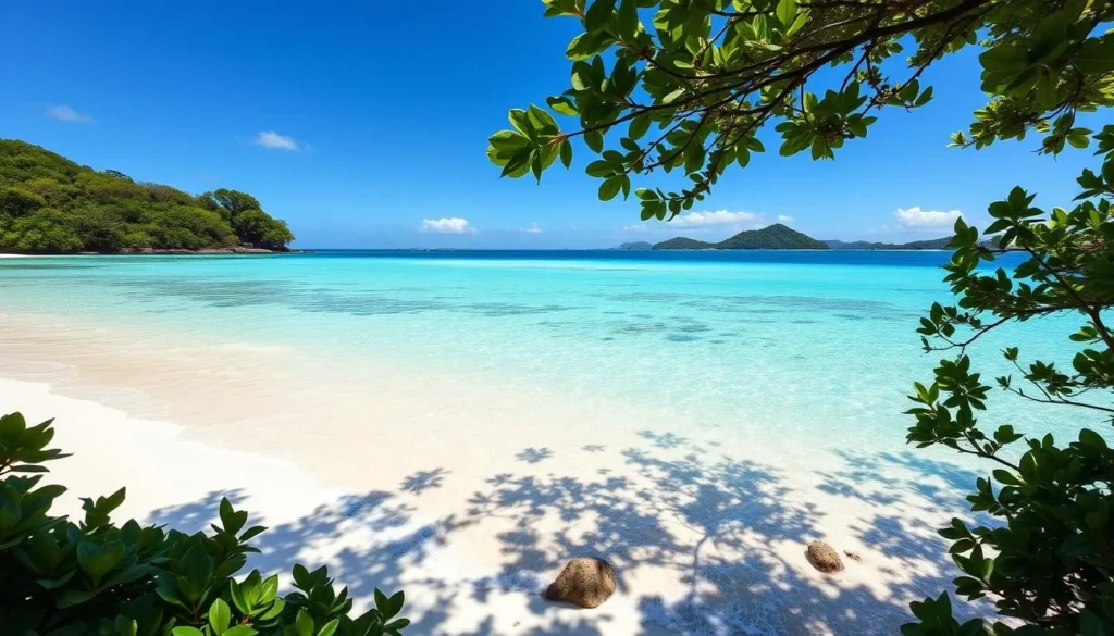 Sunny beach on Iriomote Island during spring season with clear blue water