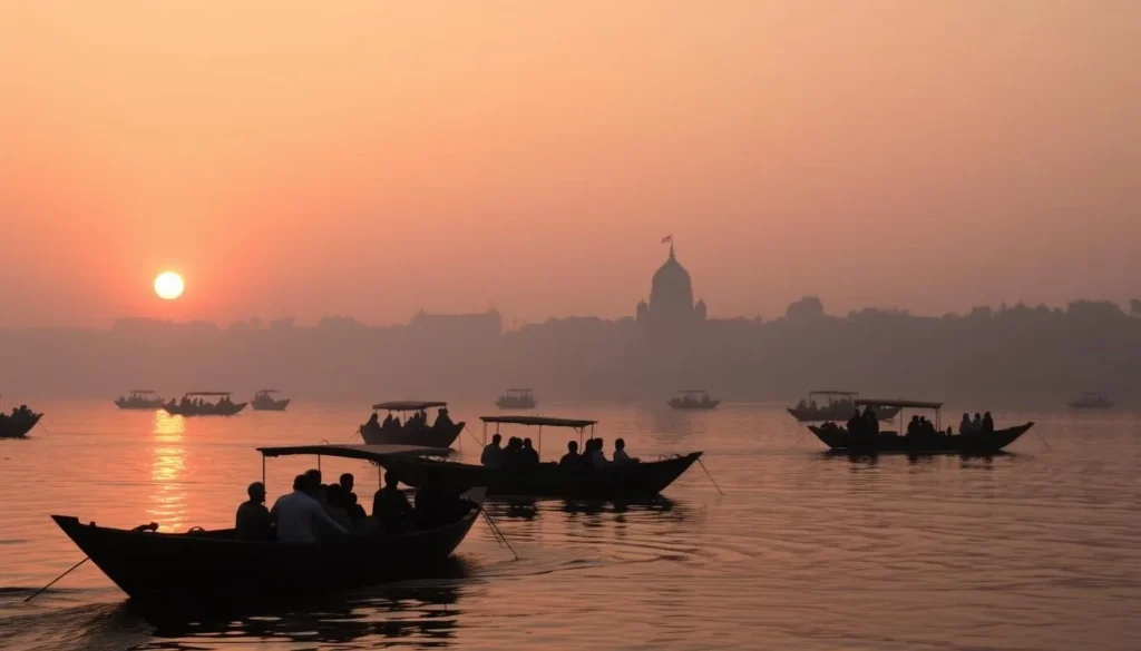 Sunrise boat ride on the Ganges River with silhouettes of traditional wooden boats against the orange and pink dawn sky