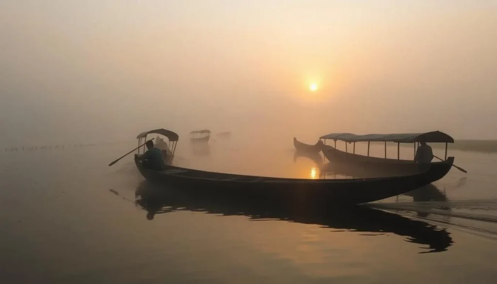 Sunrise boat tour through Hakaluki Haor with morning mist over water