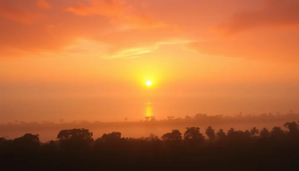 Sunrise over Altadighi lake with morning mist rising from the water in Bangladesh Sunrise over Altadighi lake with morning mist rising from the water in Bangladesh
