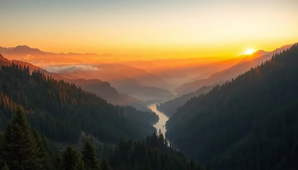 Sunrise over Kumrat Valley, Pakistan with golden light illuminating the forest and mountains