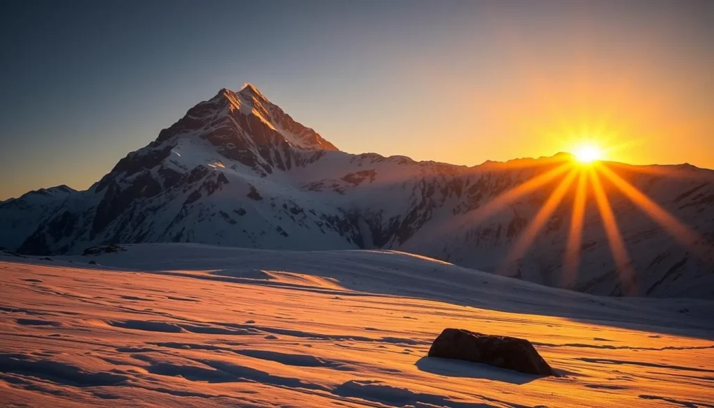 Sunrise view of K2 from Concordia with golden light illuminating the mountain