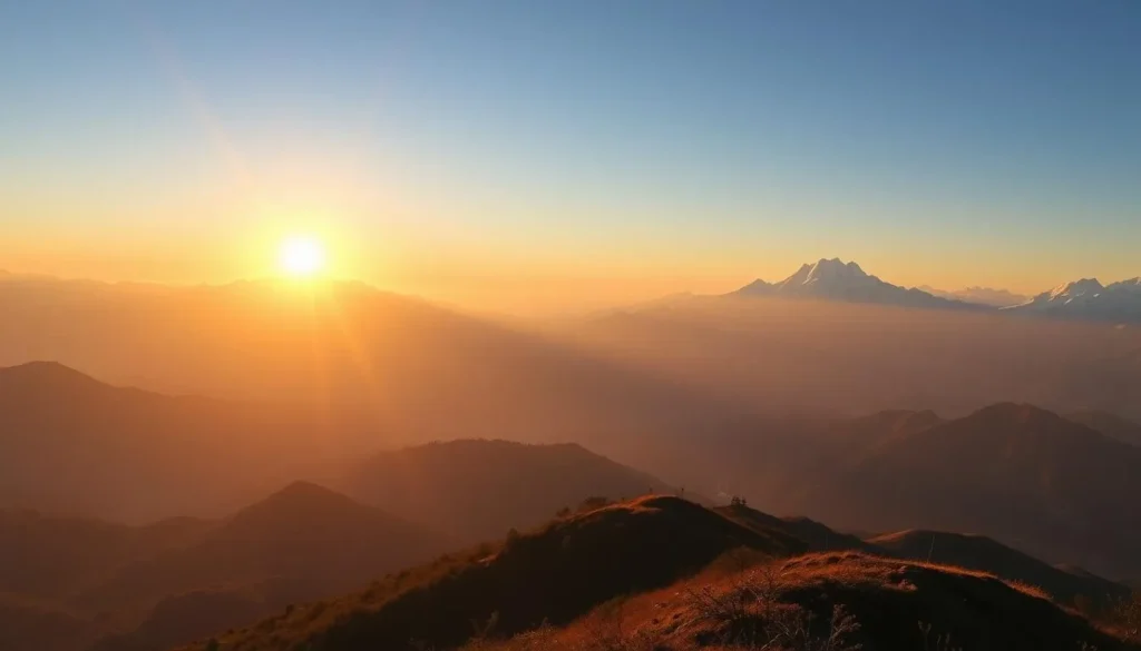 Sunrise view of the Himalayan mountains from Nagarkot viewpoint near Bhaktapur