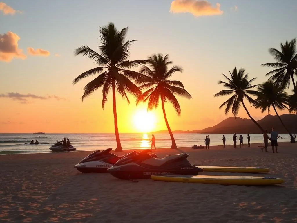 Sunset Beach on Ishigaki Island with water sports equipment and golden sunset Sunset Beach on Ishigaki Island with water sports equipment and golden sunset