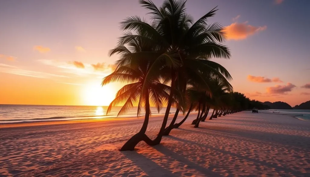 Sunset at Paliton Beach with silhouetted palm trees and golden light reflecting on the water in Siquijor