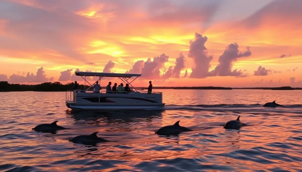 Sunset boat tour in Pine Island Sound with dolphins swimming alongside Sunset boat tour in Pine Island Sound with dolphins swimming alongside