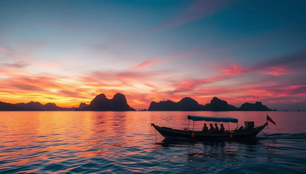 Sunset cruise in Coron Bay with traditional bangka boat silhouetted against colorful sky