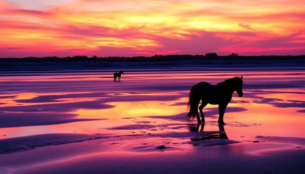 Sunset over Assateague Island Maryland with silhouettes of wild horses