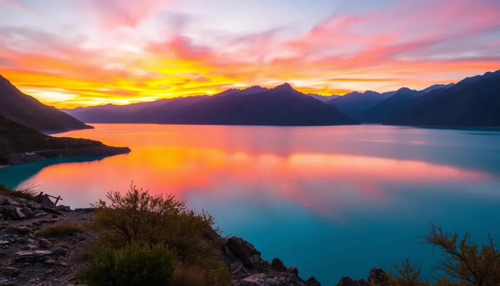 Sunset over Attabad Lake with mountains silhouetted against the colorful sky