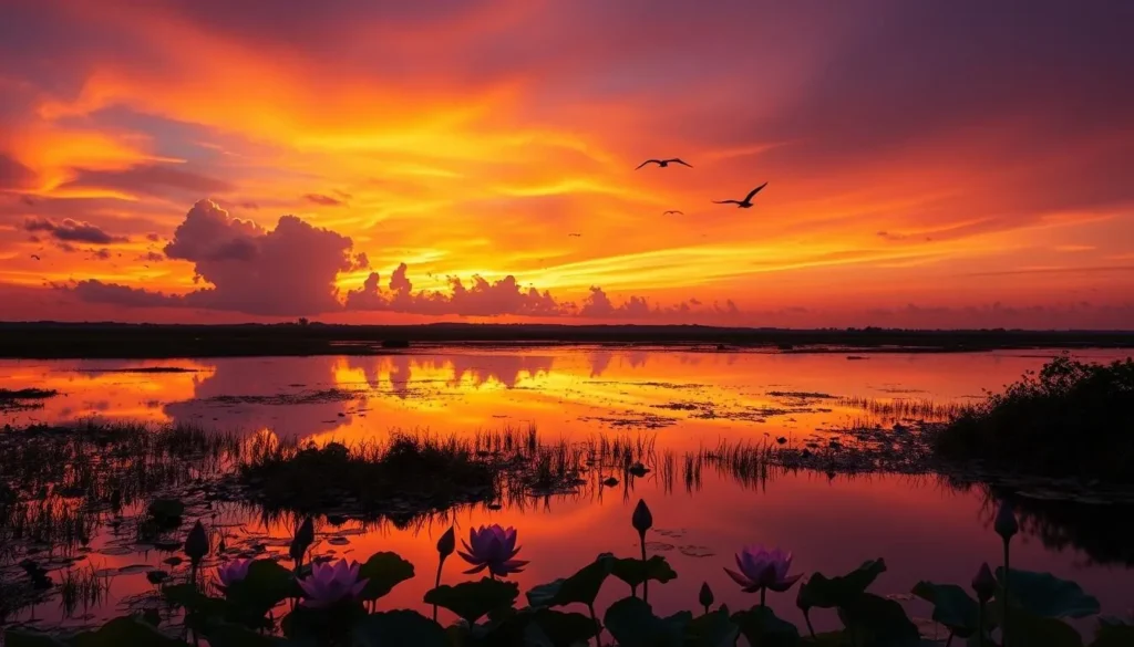 Sunset over Baikka Beel wetland with silhouettes of birds flying across the orange sky