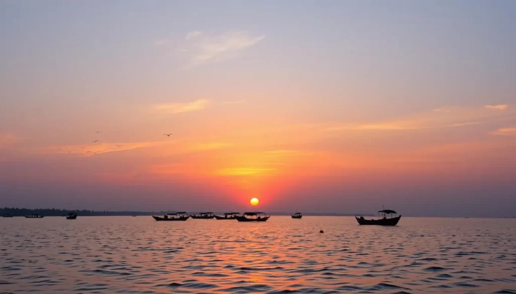 Sunset over Bashkhali Lake with silhouettes of boats and birds