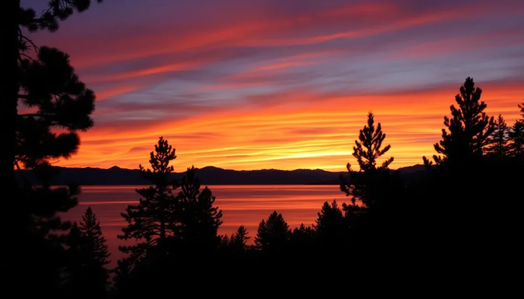 Sunset over Big Bear Lake viewed from the East Shore with silhouetted pine trees