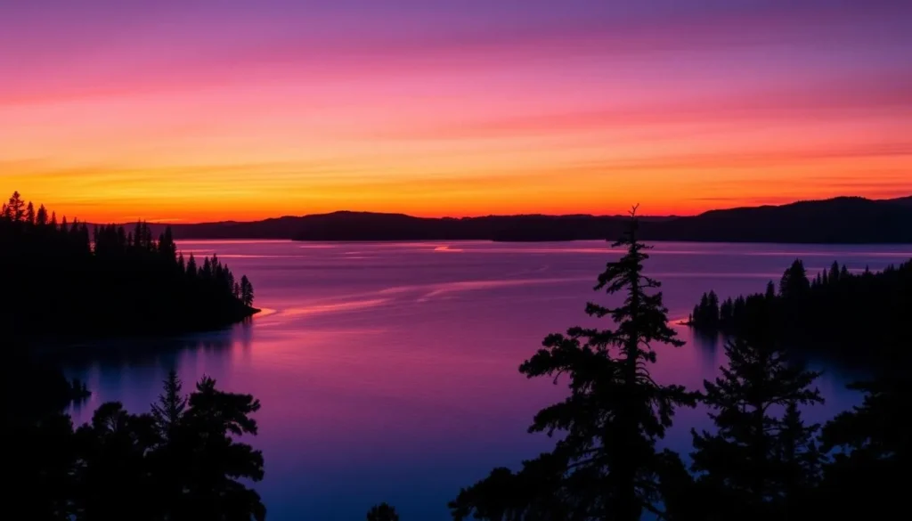 Sunset over Blue Lake Mendocino County California with silhouettes of pine trees