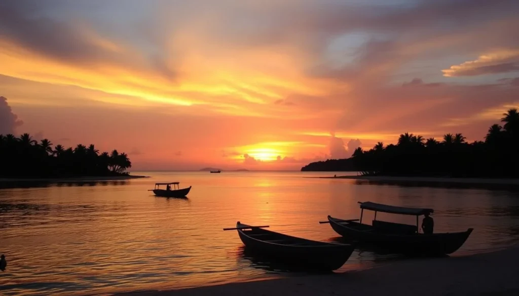 Sunset over Bounty Beach on Malapascua Island with silhouettes of palm trees and traditional bangka boats Sunset over Bounty Beach on Malapascua Island with silhouettes of palm trees and traditional bangka boats