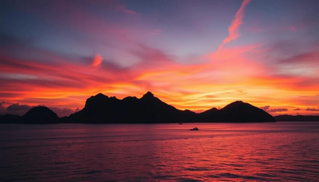 Sunset over Busuanga Island with silhouetted limestone formations and a colorful sky