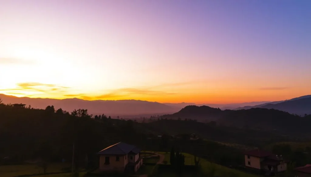 Sunset over Chitlang valley with traditional houses and terraced fields