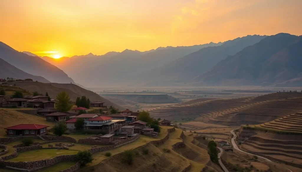 Sunset over Chitral valley with traditional houses and Hindu Kush mountains, Pakistan