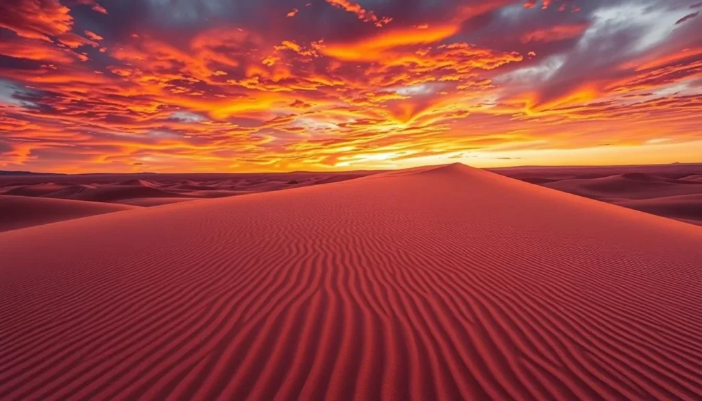 Sunset over Coral Pink Sand Dunes State Park, Utah with dramatic sky colors Sunset over Coral Pink Sand Dunes State Park, Utah with dramatic sky colors