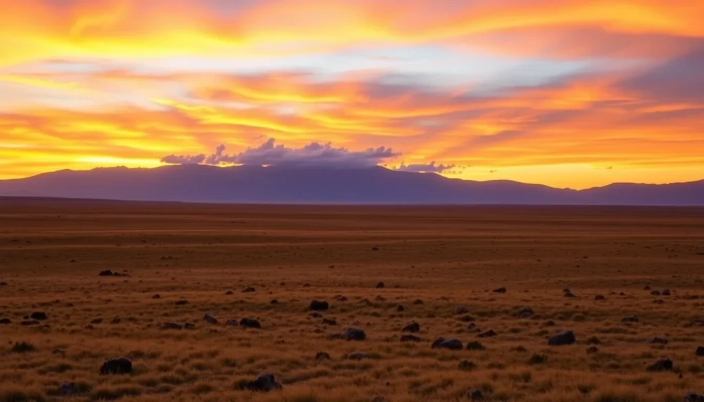 Sunset over Deosai Plains with golden light illuminating the vast landscape