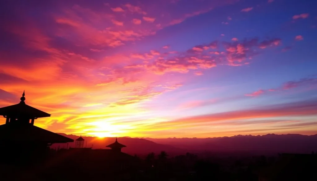 Sunset over Dhulikhel with silhouettes of temples against the Himalayan backdrop