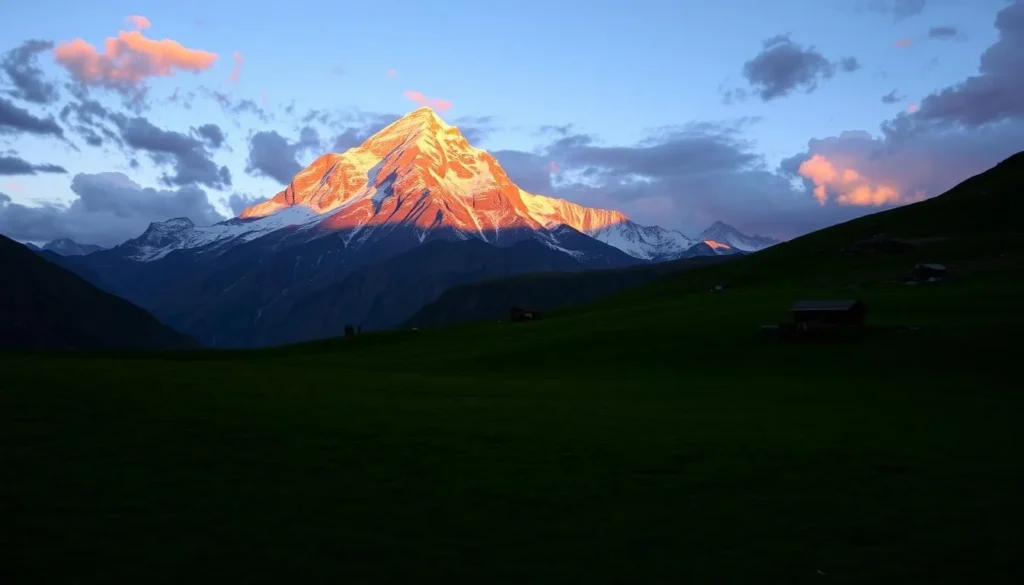 Sunset over Fairy Meadows with golden light on Nanga Parbat, Pakistan Sunset over Fairy Meadows with golden light on Nanga Parbat, Pakistan