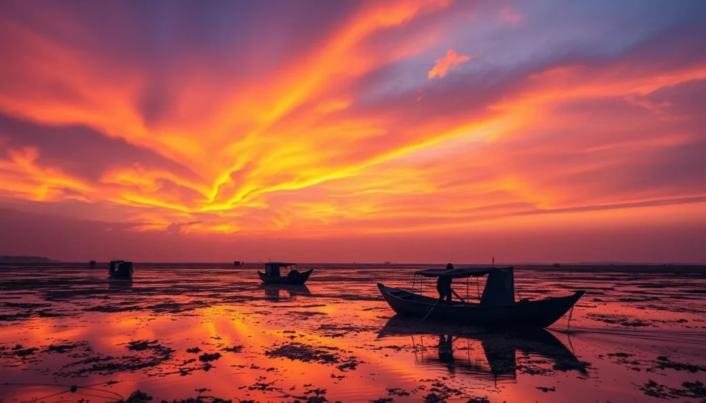 Sunset over Hakaluki Haor with silhouettes of fishing boats returning home
