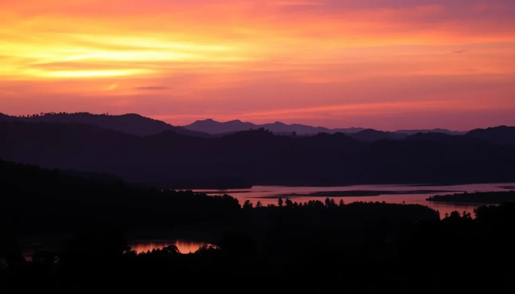 Sunset over Jaflong with silhouettes of hills and the Piyain River Sunset over Jaflong with silhouettes of hills and the Piyain River