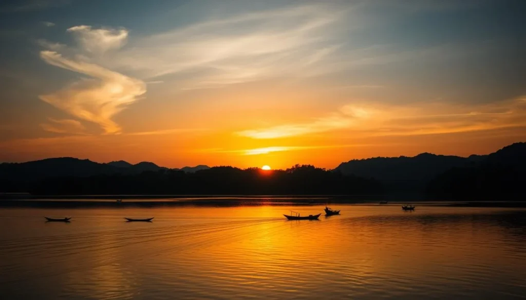 Sunset over Kaptai Lake with silhouettes of boats and hills