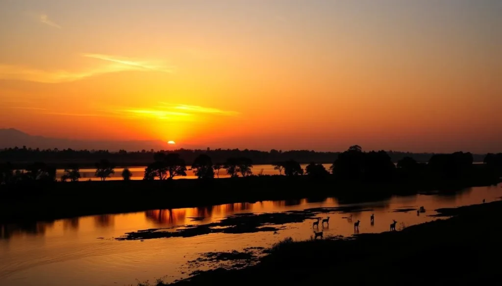 Sunset over Karnali River in Bardiya National Park with silhouettes of wildlife