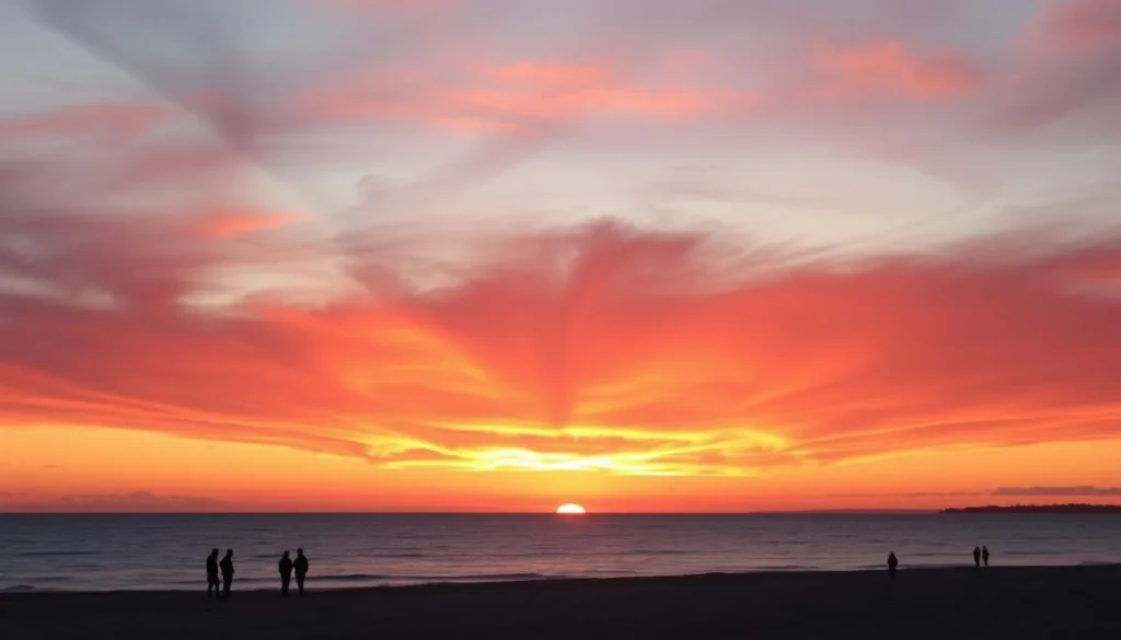 Sunset over Lake Michigan viewed from Oval Beach in Saugatuck with silhouettes of people enjoying the view Sunset over Lake Michigan viewed from Oval Beach in Saugatuck with silhouettes of people enjoying the view