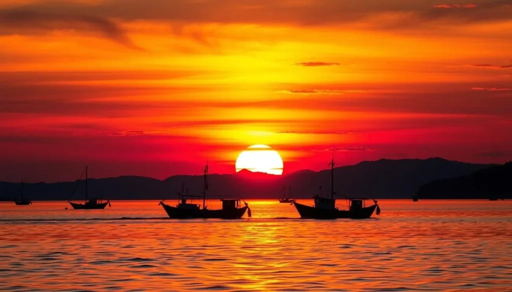 Sunset over Lake Shinji with silhouettes of fishing boats Sunset over Lake Shinji with silhouettes of fishing boats