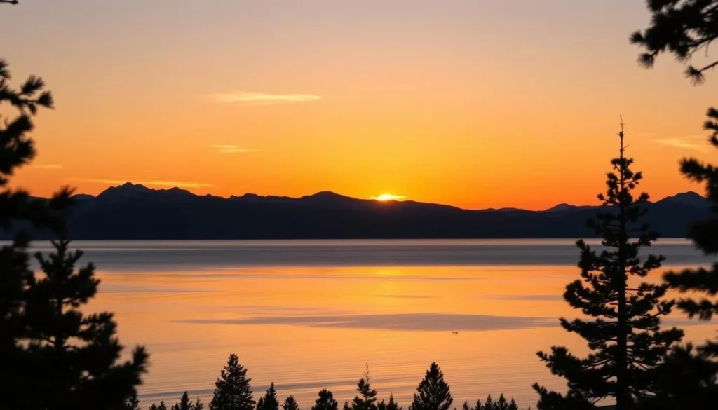 Sunset over Lake Tahoe viewed from Kings Beach with silhouettes of pine trees Sunset over Lake Tahoe viewed from Kings Beach with silhouettes of pine trees