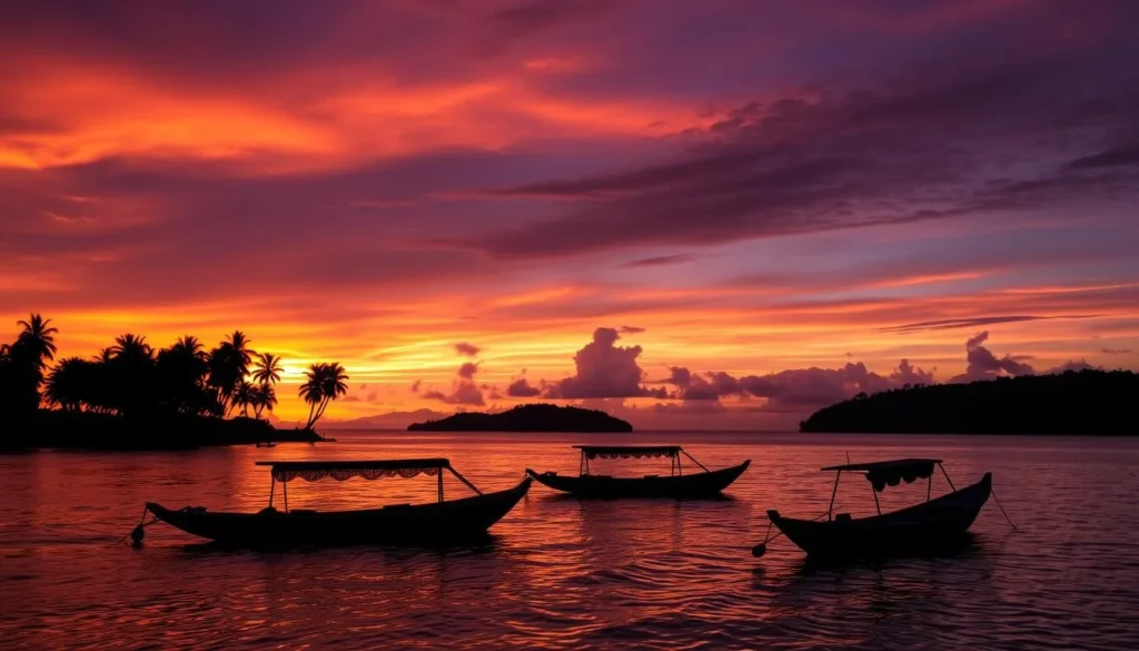 Sunset over Linapacan Island with silhouettes of palm trees and traditional boats