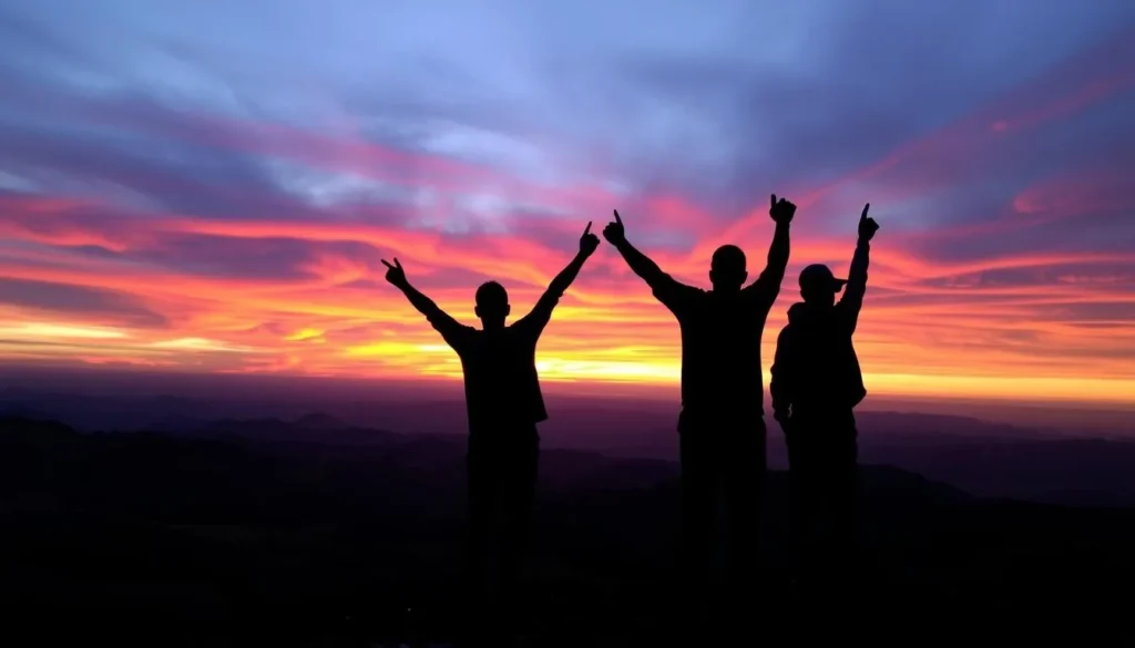 Sunset over Margalla Hills with hikers silhouetted against the colorful sky