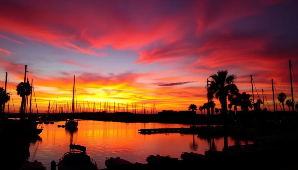 Sunset over Marina del Rey harbor with silhouettes of boats and palm trees, capturing the essence of things to do in Marina del Rey, California