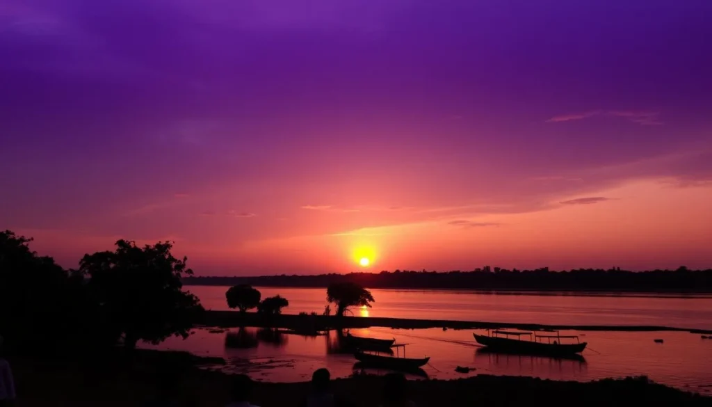 Sunset over Narayani River in Bharatpur Nepal with silhouettes of boats and trees