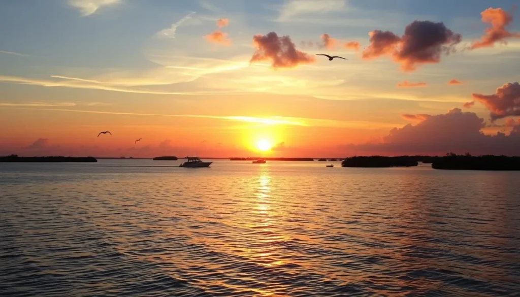 Sunset over Pine Island Sound with silhouettes of mangroves and fishing boats Sunset over Pine Island Sound with silhouettes of mangroves and fishing boats