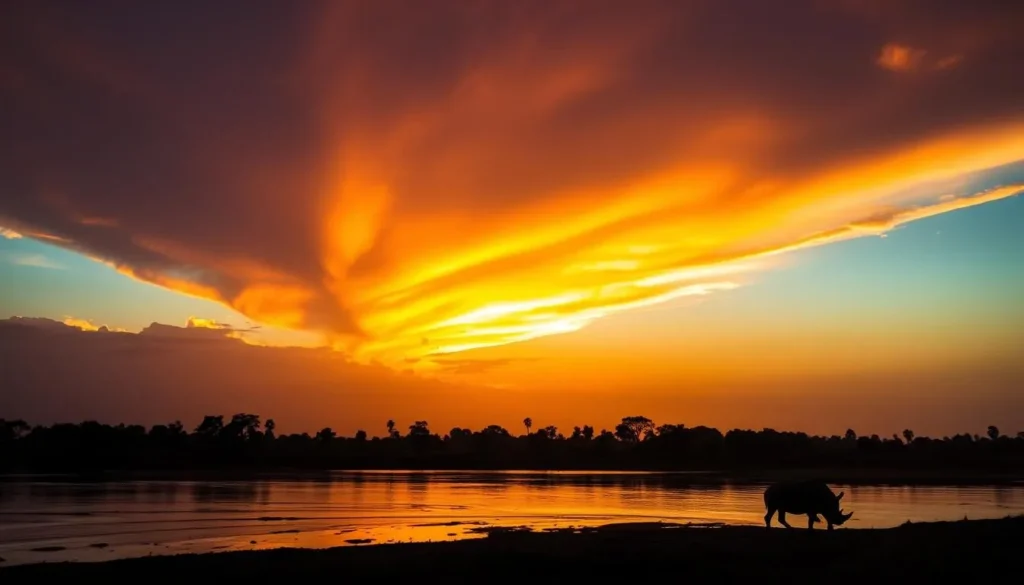 Sunset over Rapti River in Chitwan National Park with silhouettes of wildlife