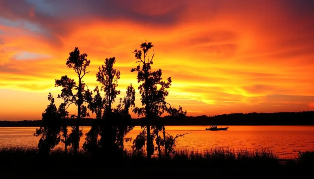 Sunset over Reelfoot Lake with silhouettes of cypress trees and a small fishing boat