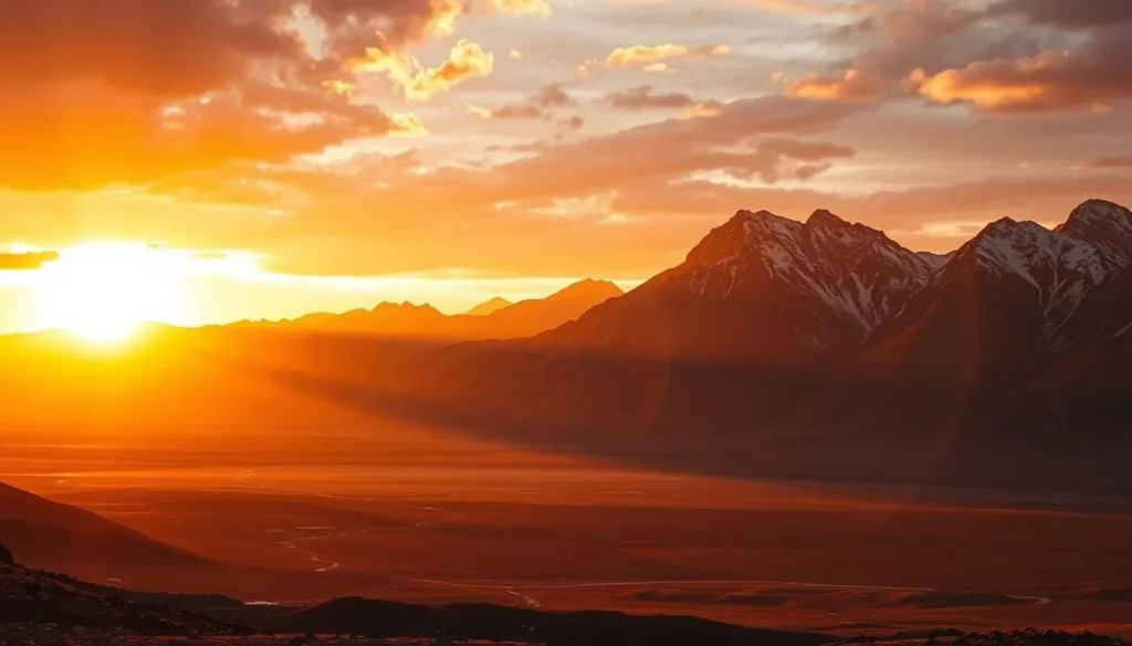 Sunset over Shandur Pass with golden light illuminating the mountains and plateau