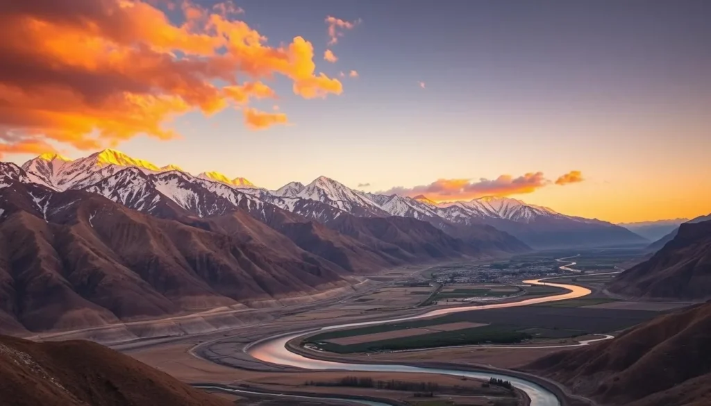 Sunset over Skardu Valley with golden light illuminating the mountains and Indus River