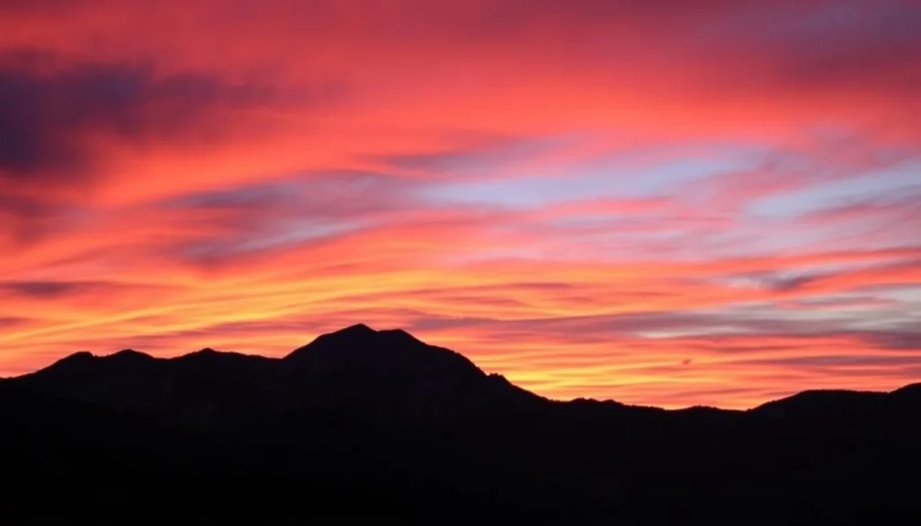 Sunset over Wolf Creek mountains with colorful sky and silhouetted peaks Sunset over Wolf Creek mountains with colorful sky and silhouetted peaks