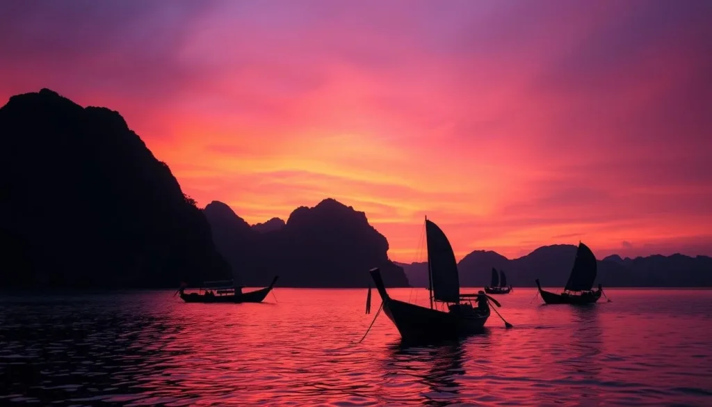 Sunset over limestone cliffs in El Nido with silhouettes of traditional boats, capturing the magic of the best things to do in El Nido, Philippines Sunset over limestone cliffs in El Nido with silhouettes of traditional boats, capturing the magic of the best things to do in El Nido, Philippines