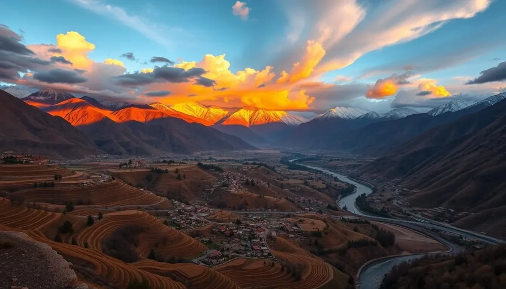 Sunset over the Hunza Valley with snow-capped peaks glowing in golden light
